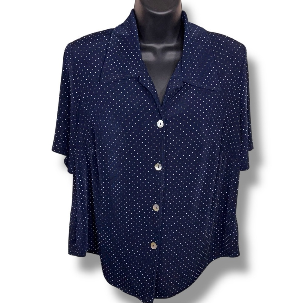 Vintage Medium Ronni Nicole Blue White Dot Print Short Sleeve Stretch Retro